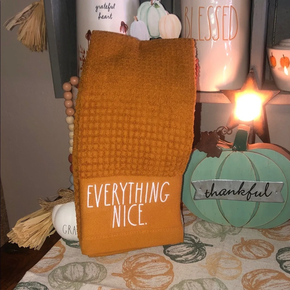 Rae Dunn PUMPKIN SPICE AND EVERYTHING NICE Set of 3 Embroidered Kitchen Towels